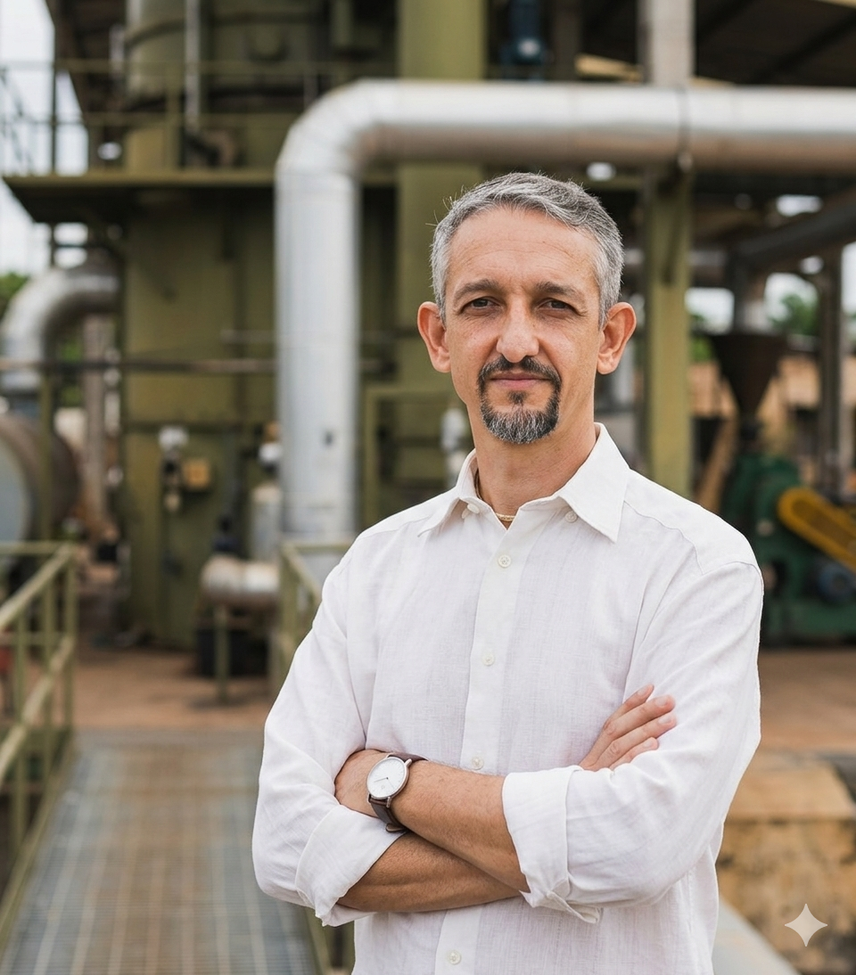 Retrato de Rafael Muniz em planta industrial de pirólise